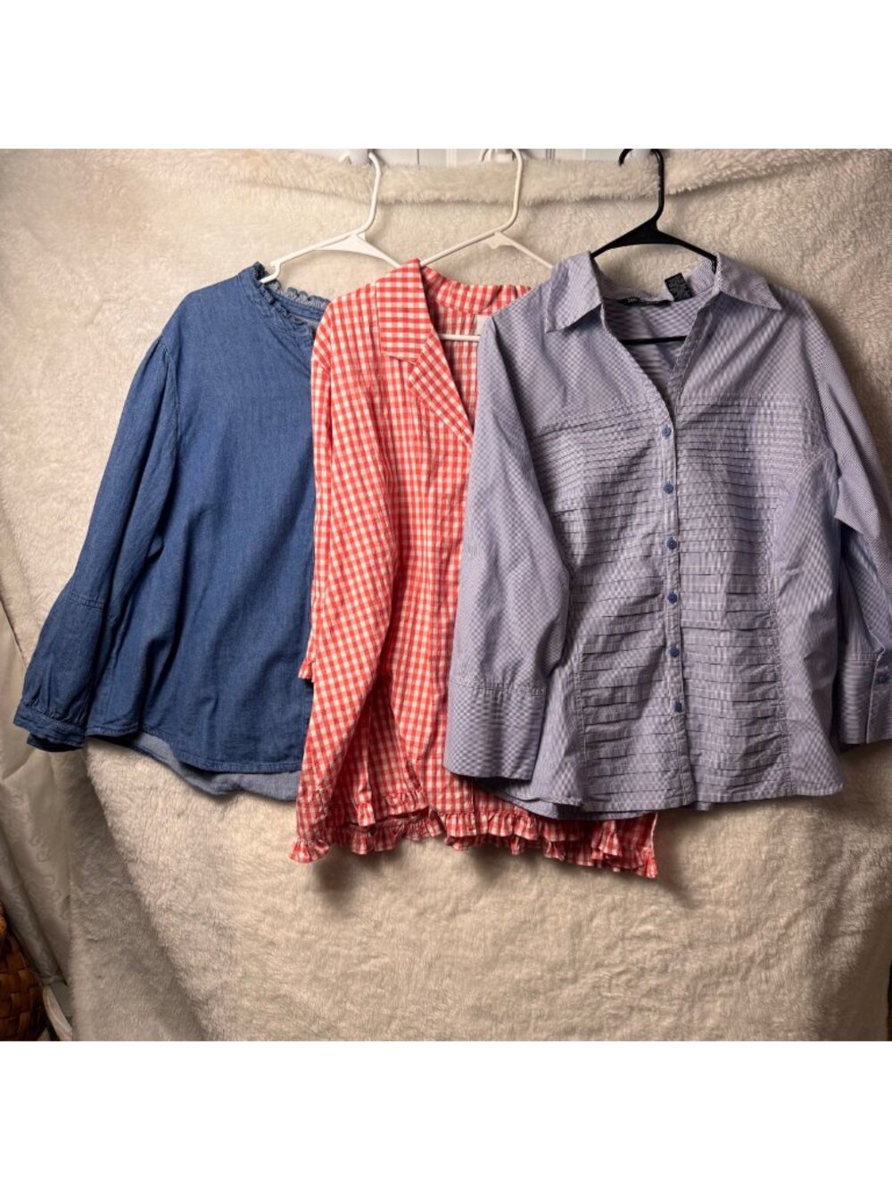 Plus size 2X blouse bundle button up- denim, pink gingham, blue striped, cotton